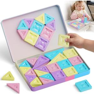Mini Magnetic Tiles Girls Travel Set: 40 PCS Macaron Building Block with Tin Box - 90 Mins Quiet Play 45s Cleanup - Fly Trip Road Trip Toys for Kids Age 3 4 5 6