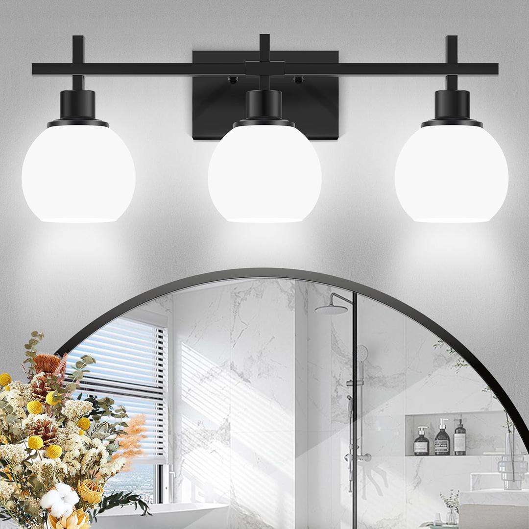 Modern Vanity Lighting Fixtures,3-Light Black Bathroom Lighting Fixtures Over MirrorBathroom Wall Mounted Vanity Light with Milky White Glass Lampshade for Living RoomBedroomHallway