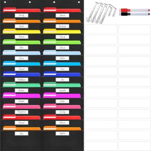 24 Pockets Heavy Duty Storage Chart, Hanging Wall File Organizer, Plus 4 Over Door Metal Hangers, 2 Markers & 24 Erasable Blank Cards, Organize Your Assignments, Files, Scrapbooks Papers (28 x 50.5)