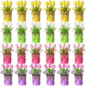 Domensi 24 Set Spring Table Centerpieces Artificial Tulips and Babys Breath Decorations in Metal Pots Faux Multicolor Tulip Potted Flower Fake Floral Bouquet for Home Office Wedding Decor