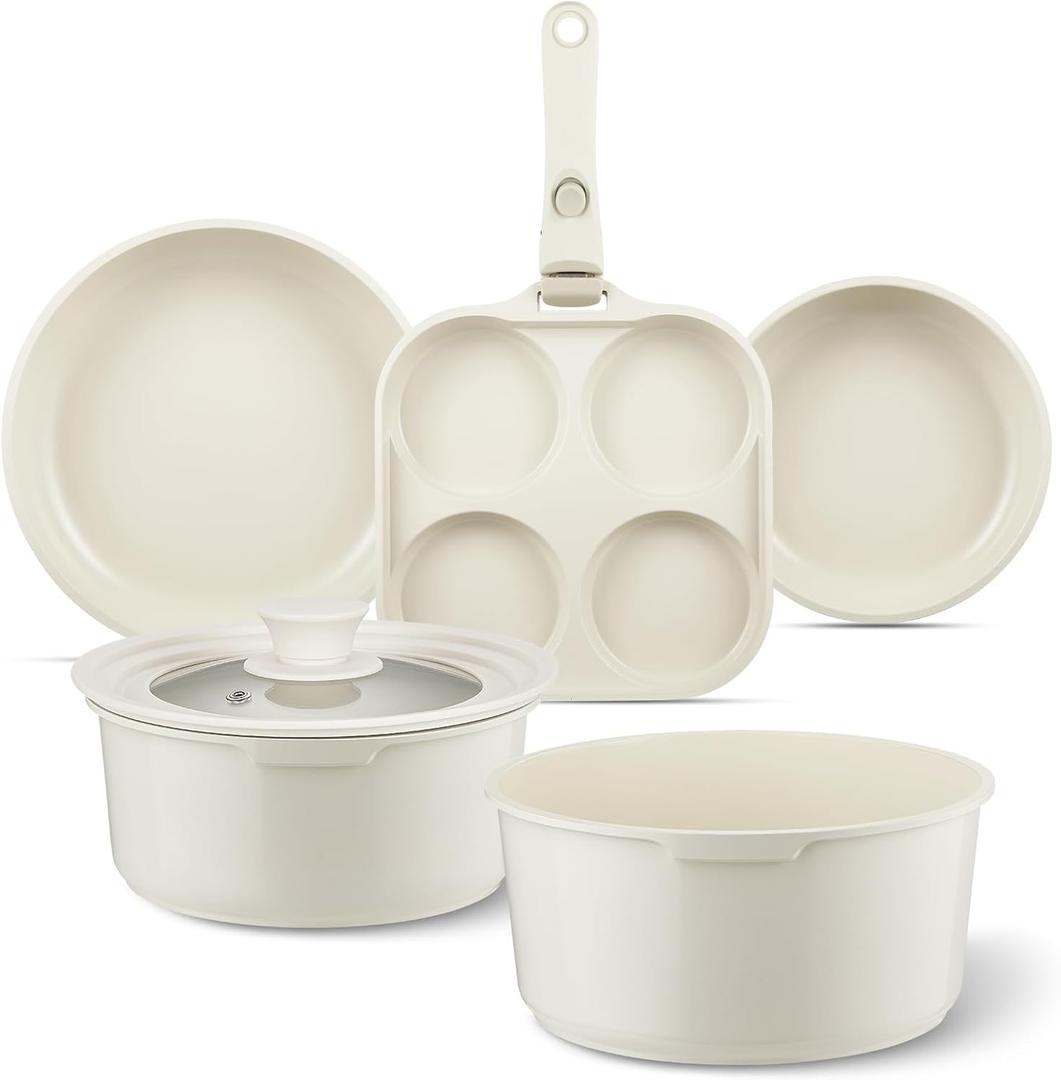 Ceramic Pots and Pans Set Non Stick Beige White, 7 Pcs Nonstick Cookware Set with Detachable Handle RV Camping Induction Kitchen Cookware Set Non Stick, PFAS PFOA & PTFE Free