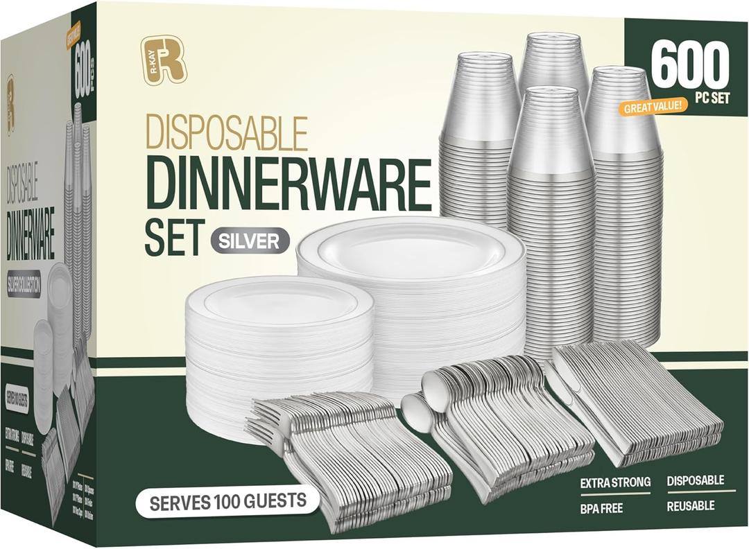 600pcs Silver Plastic Dinnerware Set 100 Guest, Silver Plastic plates for party, Party Plates Sets For 100 Guests, Includes Plates, Cups, And Cutlery. (100 Guest Set)