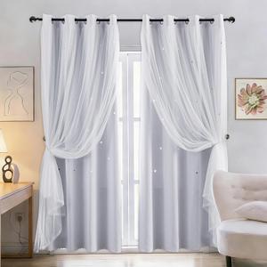 Dreamy Star Cutout Blackout Curtains with White Sheer,Double Layer Curtains for Girls Bedroom, Hollow Out Drapes for Nursery (2 Panel,52Wx63L,Greyish White)