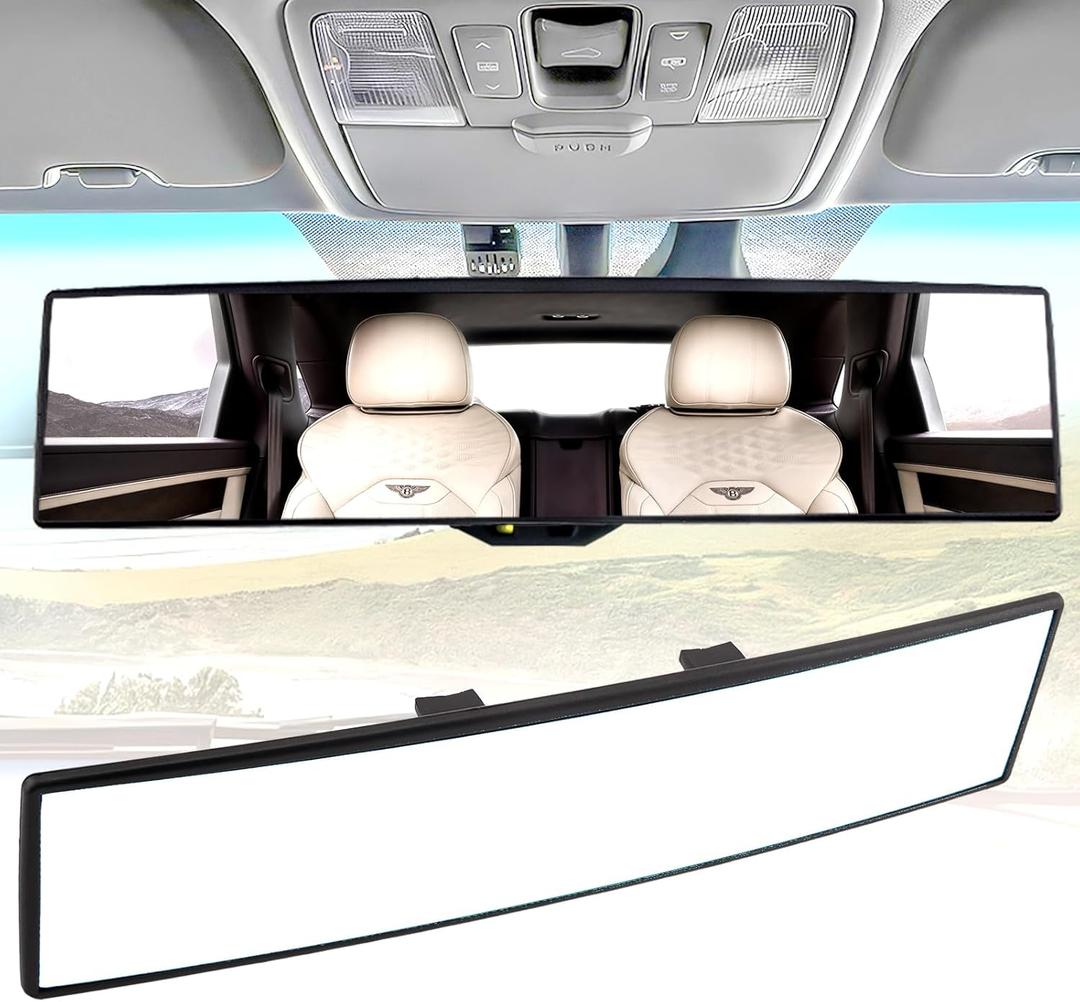 Broadway Rear View Mirror - Wide Angle Panoramic, Anti Glare, Blind Spot, Universal, White (300mm-White)