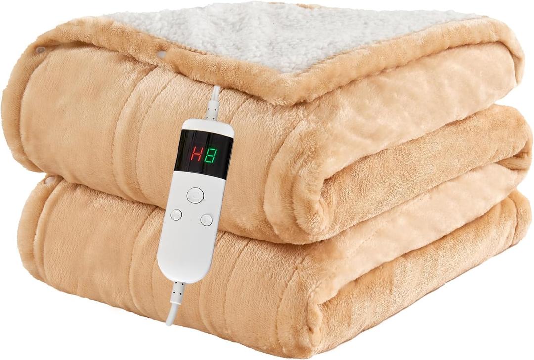 Electric Blanket Heated Throw, Soft Flannel 50"x60" Heating Blanket with 8 Hours Auto Off 10 Fast Heating Levels Machine Washable Sherpa Heated Blanket with Overheating Protection (Khaki)