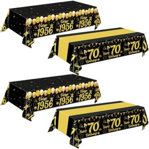 Oigco 4 Pack 70th Birthday Tablecloth, Black and Gold Disposable Plastic Table Cover for Happy 70th Birthday Decorations for Men and Women, 54 x 108 Inch