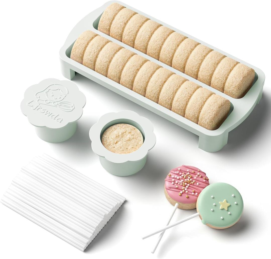LJRSWDA Cake Pop Cutter and Pusher Kit with Non-3D Printed 1.75 Round Cake Pop Mold, High-Capacity Dual-Cavity Cake Pop Tray, Set with 100 Pcs Cake Pop Sticks, Dishwasher Friendly | white