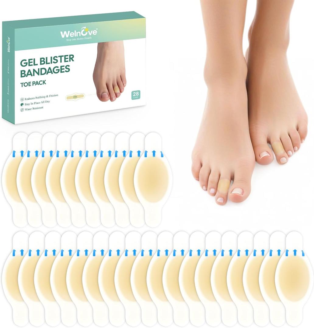 Heeled Sandals Hydrocolloid Blister Bandages- Welnove 28ct Water Resistant Blisters Pads- Adhesive Blister Pad for Heel, Foot, Toe - Gel Blister Chshions for Prevention & Recovery (Toe Pack)