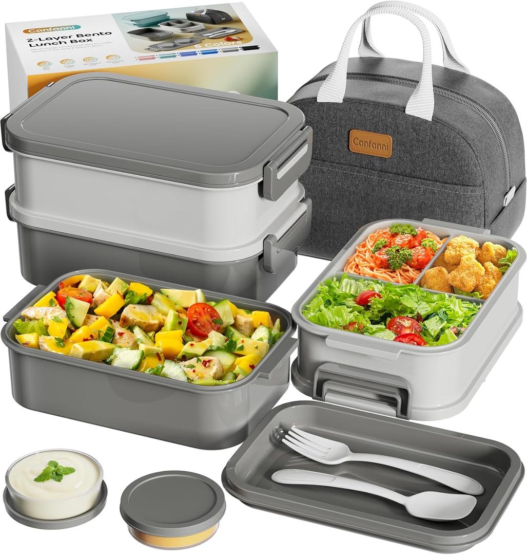 Adults Bento Box with Insulated Lunch Bag, 74oz Capacity 3 Stackable Leak-Proof Bento Box Built-In Utensil and Sauce, PFAS & BPA-Free, Microwave & Dishwasher Safe (Dusk Gray)