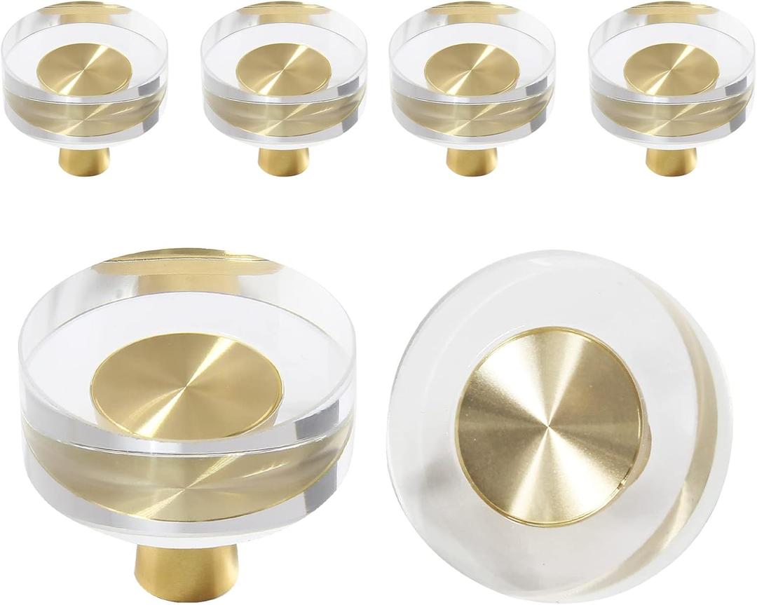Uenhoy 6 Pack Glass Crystal Cabinet Knobs Round Drawer Knob Pulls Gold Crystal Knobs for Cabinets and Drawers - 1-1/4 Inch