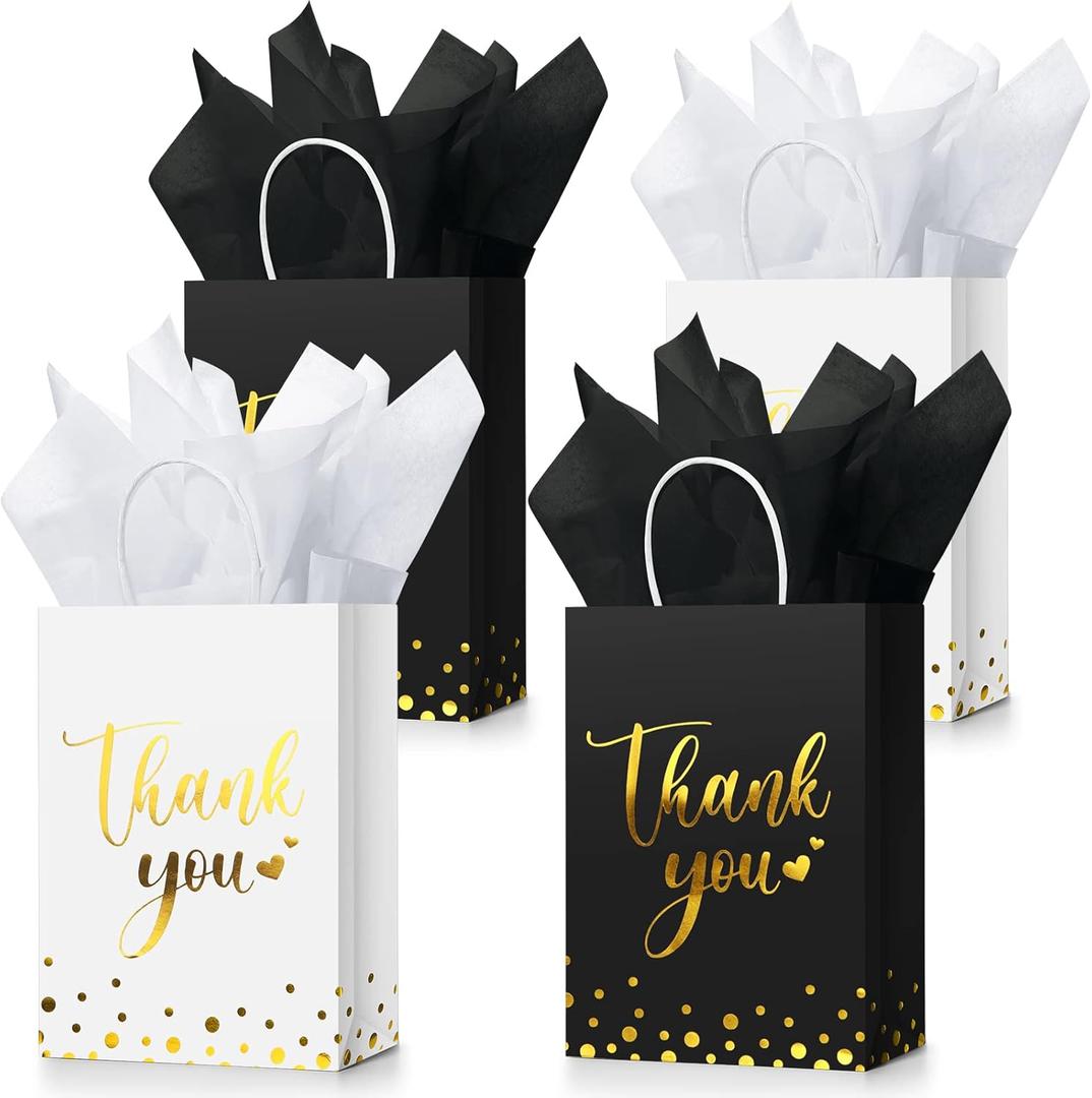 Tinlade 12 Pcs Thank You Gift Bags with Tissue Paper Gold Polka Dots Thank You Bags with Handle Party Favor for Wedding Birthday Baby Shower Business Shopping(Black, White)