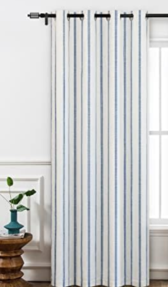 DriftAway Farmhouse Linen Blend Blackout Curtains 84 Inches Long for Bedroom Vertical Striped Printed Linen Curtains Thermal Insulated Lined Treatments for Living Room 1 Panels W52 x L84 Navy