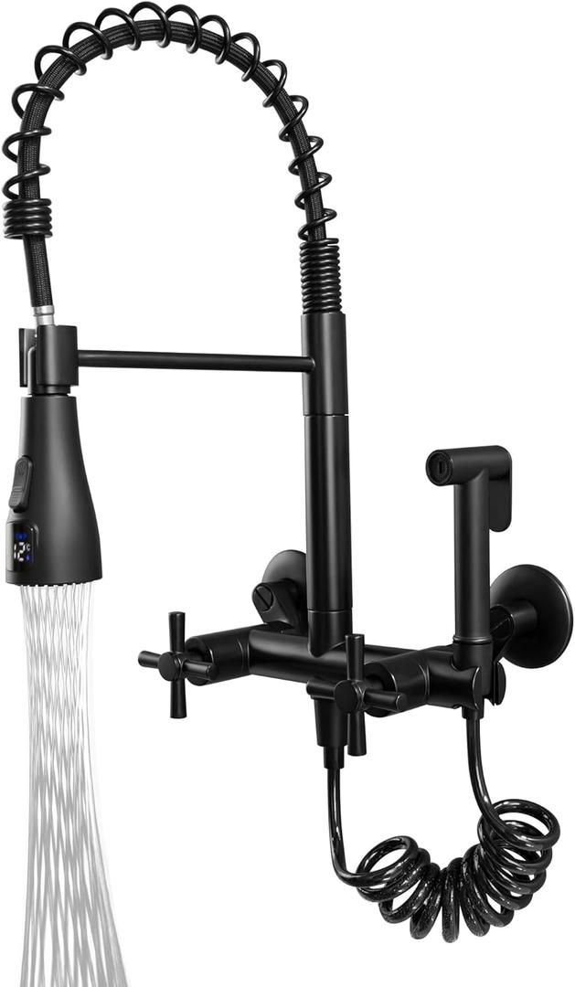 Wall Mount Kitchen Faucet 6 Inch Center, Commercial Kitchen Sink Faucet with Temperature Display Sprayer, High Arc 2 Handle Wall Mount Faucet, Matte Black
