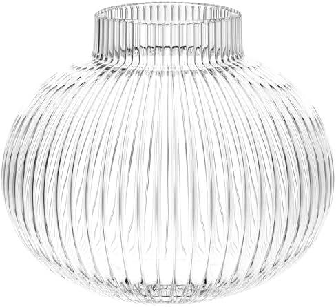 YANWE1 Round Glass Vase, Flower Vases for Bouquet, Ribbed Glass Vases for Flowers, Small Clear Vase for Living Room, Office, Coffee Table, Shelf, Wedding, 6 Inches