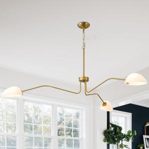 3 Lights Gold Chandelier Mid Century Modern Light Fixture, 65.5" Gold Modern Chandelier with White Glass Shade, 3 Arm Pendant Light for Dining Room Living Room Bedroom Kitchen