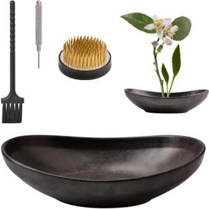 WANDIC Black Flower Arranger Supplies, Ingot Shaped Bowl & 5cm Floral Frog for Ikebana Ceramic Floral Vase for Plant Arranging Floristry Container (9.25*6.22*1.88in)