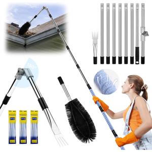 11.8 FT Gutter Cleaning Tools From The Ground, Adjustable Rain Gutter Cleaning Pole with Gutter Brush & Shovel, Roof Gutters Cleaner Tool with Grip Tapes