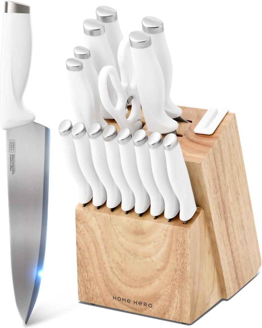 Home Hero Kitchen Knife Set with Sharpener - High Carbon Stainless Steel Knife Block Set with Ergonomic Handles (16 Pcs - White)