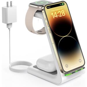 Wireless Charging Station for Apple - 3 in 1 Wireless Charger Stand Dock Watch and Phone Charger Station for Apple Watch 11/8/7/SE/6/5/4/3/2, iPhone 17 Air 16-12 Pro Max SE XS X, Samsung, AirPods (White)