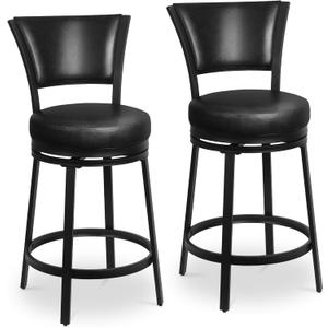 Bar Stools, 25 Inch Metal Counter Height Barstools Set of 2, Faux Leather Round 360 Swivel Bar Chairs with Backrest, Modern Swivel Bar Stool for Kitchen Island, Black