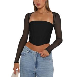 REORIA Women's Fall Sexy Trendy Mesh Long Sleeve Boned Square Neck Crop Tops Corset Slim Fit Going Out Busiter Tops Valentines Day Outfit (Black Medium)