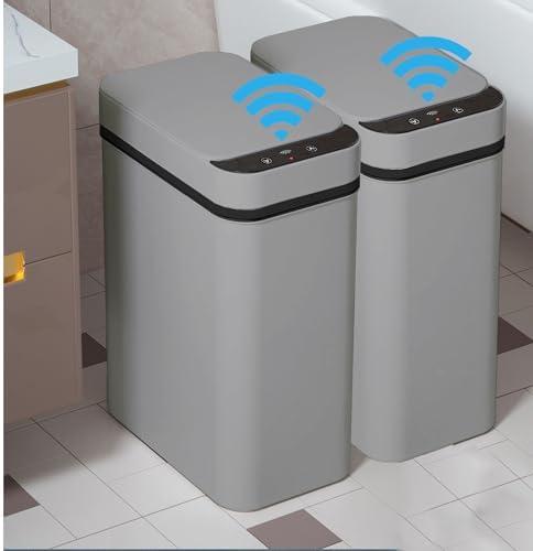 Yatmung 1 Pack - 2.5 Gallon Motion Sensor Bathroom Trash Can - Slim Smart Trash Cans - Skinny Trash Bin with Lid - Electric, Narrow, Plastic, Auto Open - Small Automatic Garbage Can (Grey)