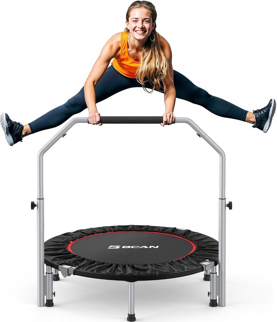 BCAN 40/48" Foldable Mini Trampoline Max Load 330lbs/440lbs, Fitness Rebounder with Adjustable Foam Handle, Exercise Trampoline for Adults Indoor/Garden Workout