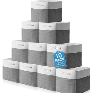 FoldTier 10 Pack Large Collapsible Fabric Storage Baskets with Handles Decorative Storage Bins for Organizing Shelves Toys Clothes(White & Gray,12 x 12 x 12 Inches)