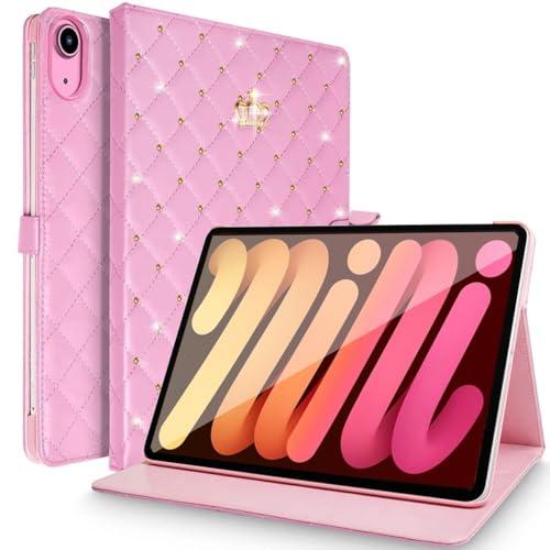 Changjia for iPad Mini 7 (A17 Pro) Case 2024, iPad Mini 6 Generation Case 8.3 Inch 2021, Cute Crown Rhinestone Elegant PU Leather Auto Sleep/ Wake Stand Protective Cover for iPad Mini 7th/ 6th 8.3", Pink
