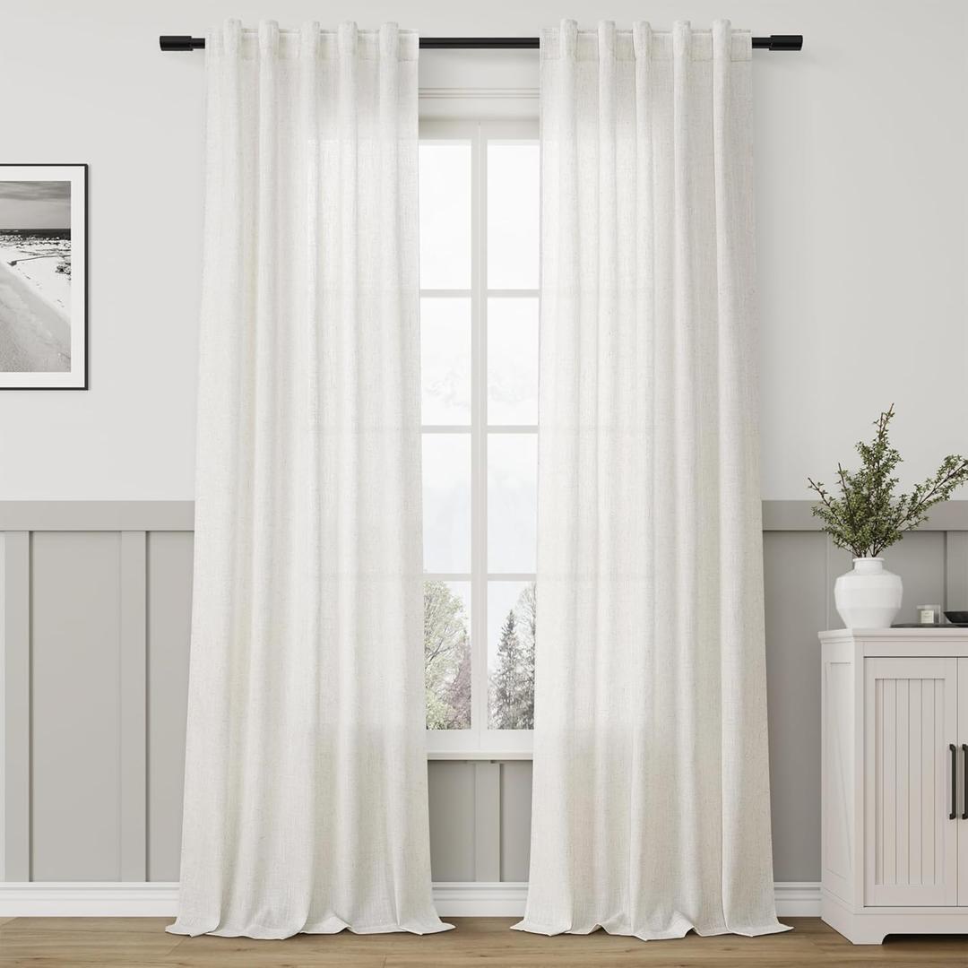 Cream Linen Back Tab Curtains for Living Room 2 Panel Light Filtering Semi Sheer Drapes Neutral Country Rustic Farmhouse Boho Curtain 40x96