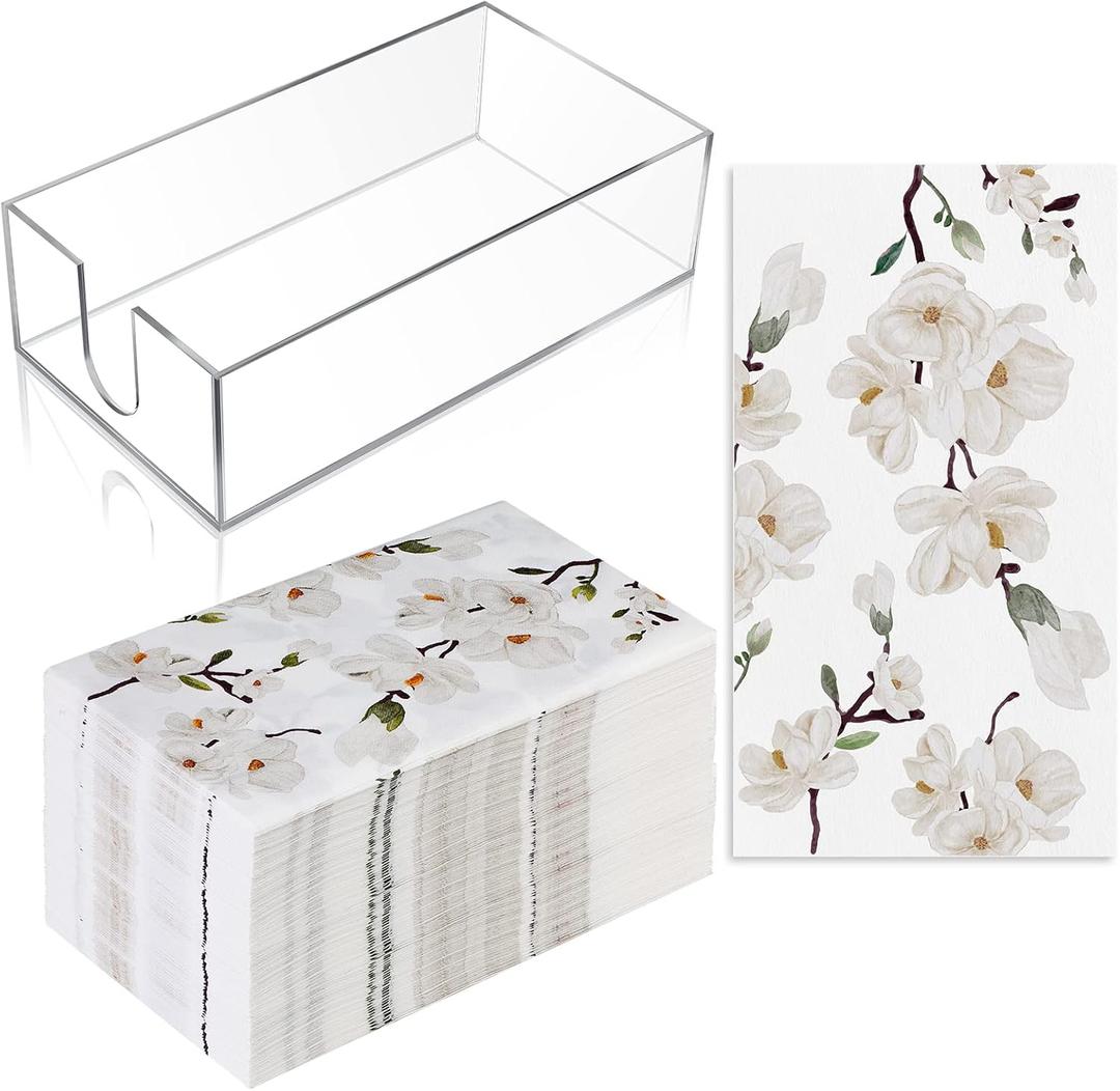 Outus 100 Pcs Floral White Magnolia Paper Guest Towels 2 Ply with Acrylic Napkin Holder, Disposable Decorative Paper Towels 4.3 x 7.8 Inches Hand Napkins with Tray for Bathroom Powder Room