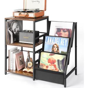 Bikoney Record Player Stand, Turntable Stand with 3-Tier Vinyl Record Storage, Record Player Table Holds Up to 200 Albums, End Table for Vinyl Records, Vinyl Record Holder Cabinet for Living Room (Table top: 17.71"(L) x 15.74"(W), Brown&Black)