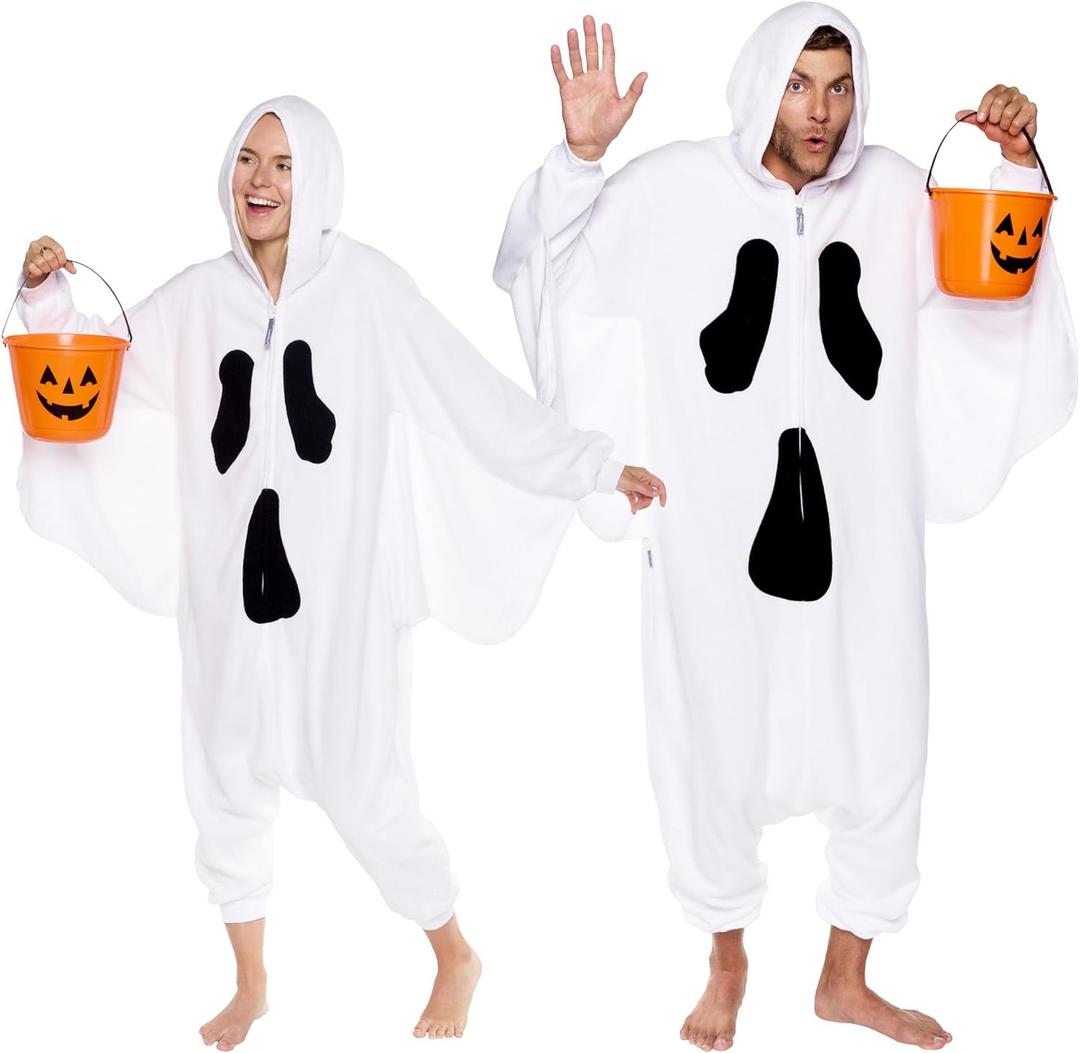 Ghost Adult Onesie - Spirit Halloween Costume - Plush Spooky One Piece Cosplay Suit for Adults, Women and Men FUNZIEZ! (Medium, White)