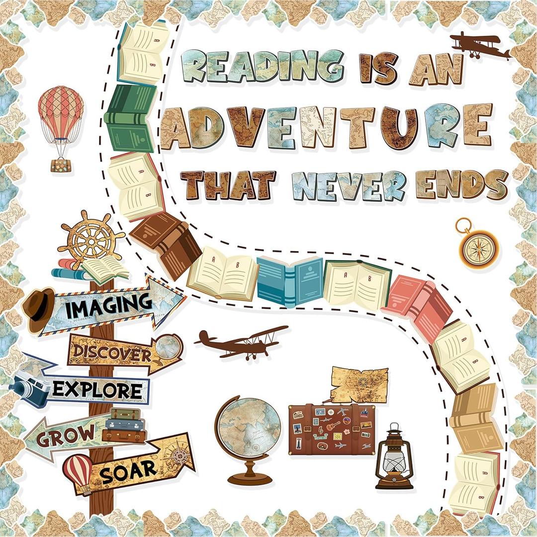 Honoson 48 Pcs Travel Bulletin Board Set Classroom Decorations Reading is an Adventure Bulletin Board Motivational Paper Cutout for Back to School Library Chalkboard Wall Decor(Travel)