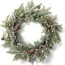 LOHASBEE Artificial Christmas Wreath, 24" Pine Cone Grapevine Flocked Glitter Fir Wreath with White Berries for Christmas Home Front Door Hanging Wall Window Decor