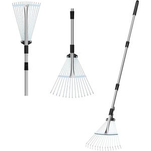 Stainless Steel Garden Leaf Rake, Strong Metal Rake for Leaves, Adjustable Length 37"-53", Adjustable Expandable Head 8"-17", for Lawn Garden Yard Flowers Beds Bush