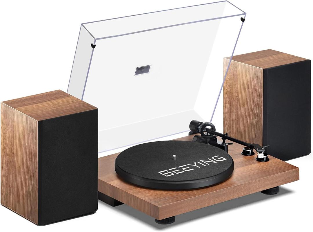 Record Player Vinyl Bluetooth Turntable with 36 Watt Stereo Bookshelf Speakers, Hi-Fi System with Magnetic Cartridge, USB Recording and Auto Stop (Brown)