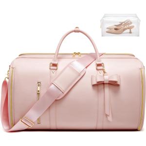 Garment Bags for Travel, Convertible Suit Travel Bag for Women, Fashion & Cute Carry On Garment Bag w/Shoes Pouch, 2 in 1 Foldable PU Leather Hanging Duffle Bag, Single-Zipper Design, Pink