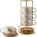 LUKA Porcelain Espresso Cup with Metal Stand, 6 Ounce Stackable Ceramic Demitasse Espresso Mugs Cappuccino Cups Set for Latte,Coffee,Cafe Mocha,Tea(Set of 4,White)