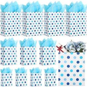 Humyoun 12 Pcs Party Gift Bag with Tissue Paper 6.5" 9.6" 13" Treat Bag for New Year Valentine's Day Easter Graduation Birthday Baby Shower Wedding Party Supplies(Blue Dots)