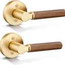 Walnut Wood Dummy Lever Interior Door Handle Decorative for Hall Closets French Doors Round Non-Turning Single Side Push Pull Only Reversible Door Knobs Set (2 Pack, Stain Brass, Dummy)