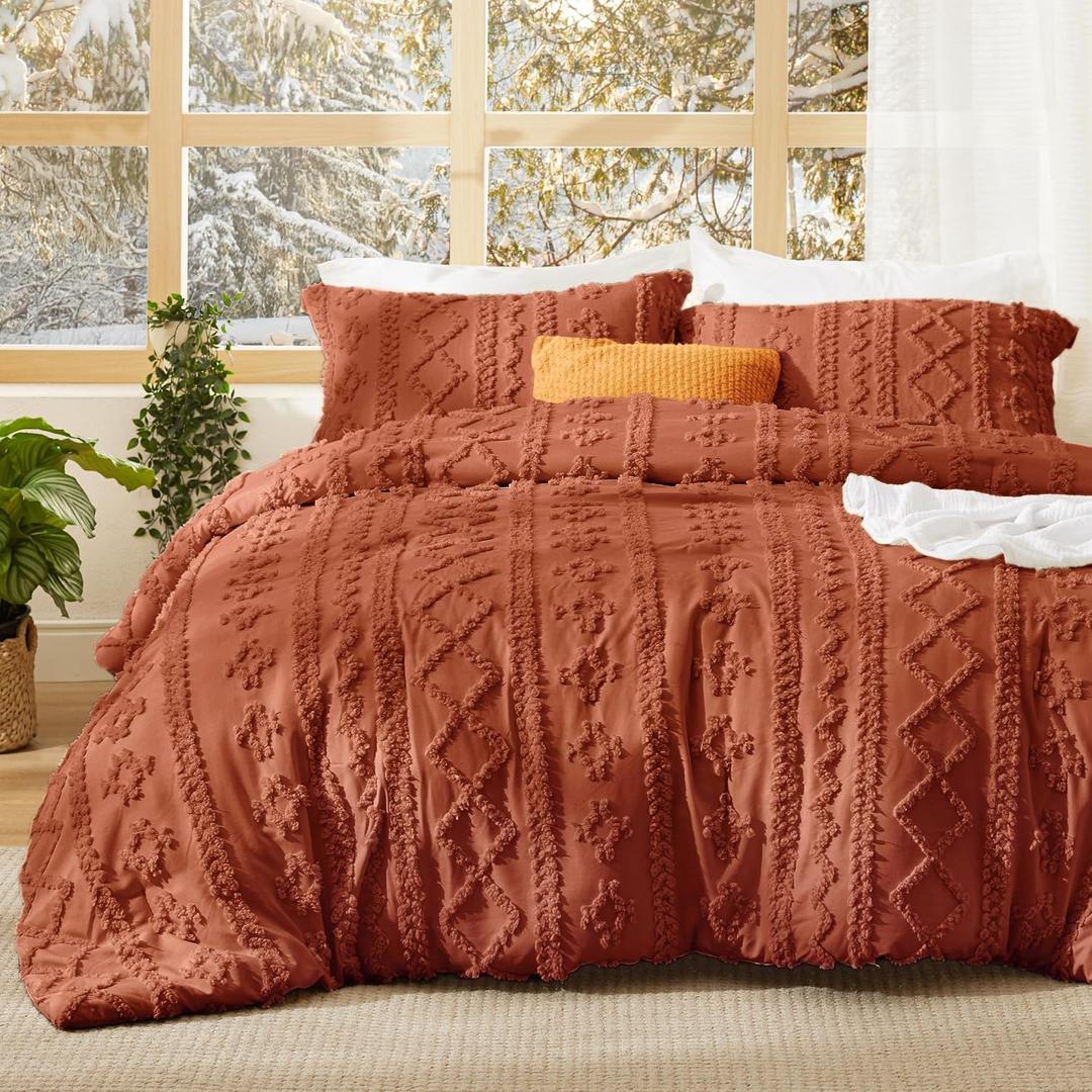 Bedsure Tufted Boho Comforter Set King Size - Terracotta Boho Bed Set, GentleSoft 3 Pieces Farmhouse-Style Embroidery Bedding, Gifts for Woman, Soft Jacquard King Comforter for All Seasons