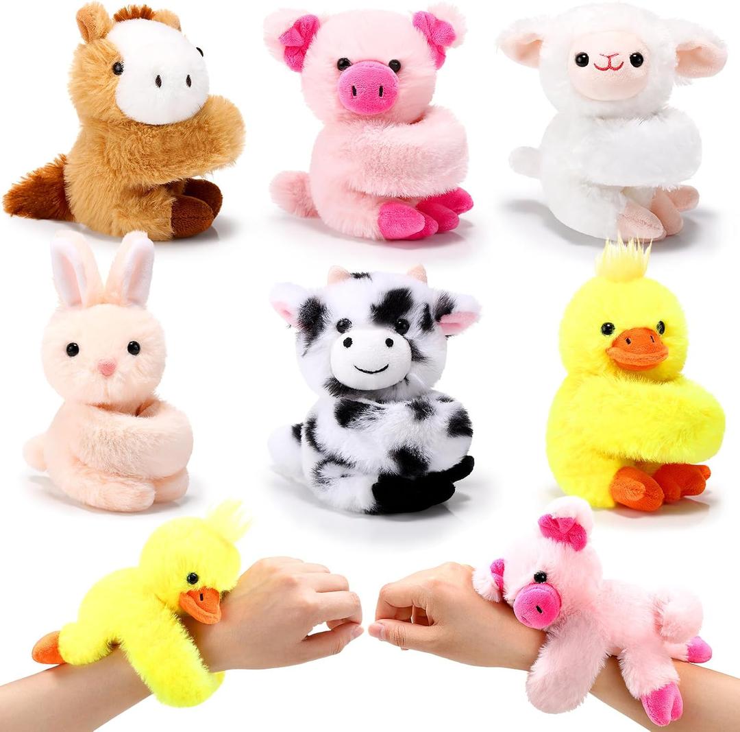 Gemscream 6 Pcs Stuffed Animal Slap Bracelets for Kids, 8 Inch Small Classroom Prizes Toy, Animal Wrist Cute Snap Bracelets Birthday Gifts for Boys and Girls Pet Adoption Party Favors(Farm Animals)