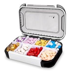 Fullicon Large Pill Organizer with 8 Compartments, Moisture Proof Travel Pill Box with Removable Divider, Daily Pill Container with Lables, Pill Case for Vitamin, Fish Oil, Supplement (Black)