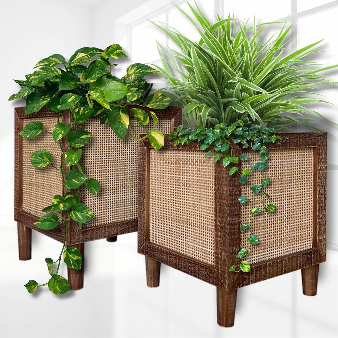 Autumn Alley Rustic Boho Large Indoor Planter - Rattan Planter Boxes Outdoor Set of 2 Wooden Indoor or Outdoor Plant Box Stands Decorative Square Woven Rattan Flower Pots for Home & Office