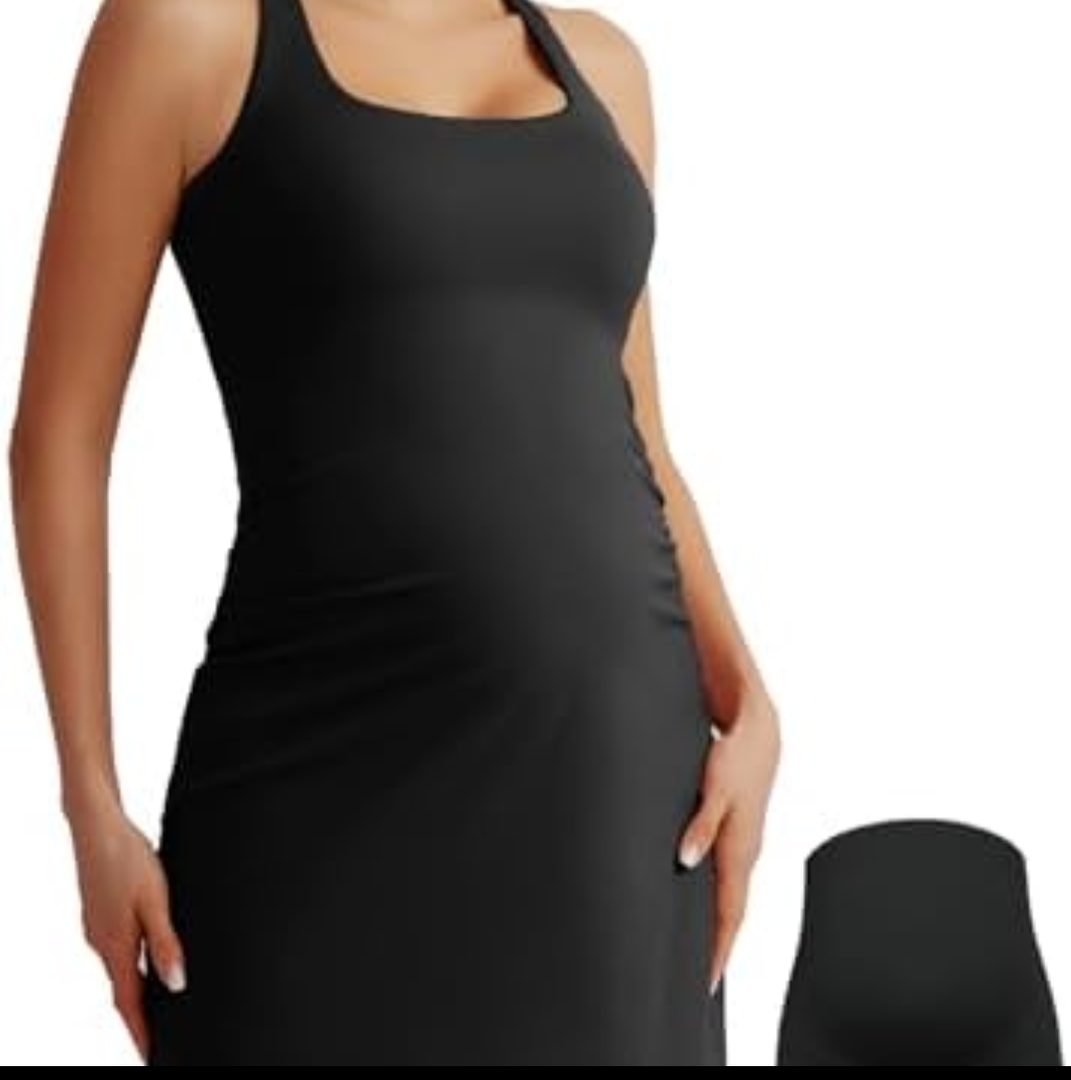Maacie Maternity Tennis Dress with Shorts and Built in Bra Scoop Neck Sleeveless A-line Workout Golf Dress with Pockets, Black, Medium