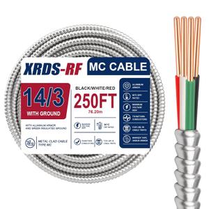 14/3 Metal Clad MC Cable 250FT, 14/3 Electrical Wire 3 Conductor Armored Wire with Ground, THHN Solid Copper & Flexible Aluminum Armor for Commercial and Residential Circuit