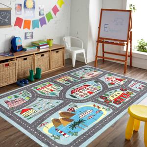 LIVEBOX Large Playroom Rug 5'x7' Kids Play Mat for Classroom, Road Traffic Carpet for Boys Girls Playing Cars Toys, City Life Nursery Car Rug for Toddlers Bedroom Kids Room (Blue)