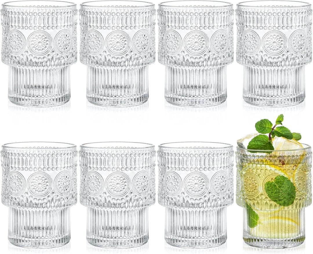 Kingrol Drinking Glasses Set of 8, 6.5 Ounces Stackbale Water Glasses, Vintage Glassware for Cocktail, Whiskey, Juice, Iced Coffee, Iced Tea, Bar Accessories