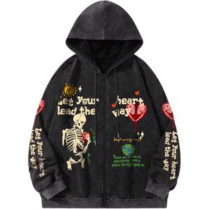 SOLY HUX Men's Graphic Zip Up Hoodie Y2k Gothic Long Sleeve Hooded Sweatshirt Jacket Streetwear Black Graphic Small (Gray, S)